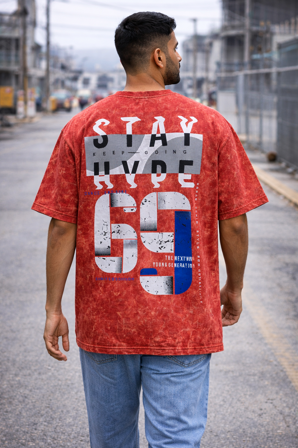 TRIVI's Red Acid Wash Oversized T-Shirt – Stay Hype Edition 100% cotton | 3V9017