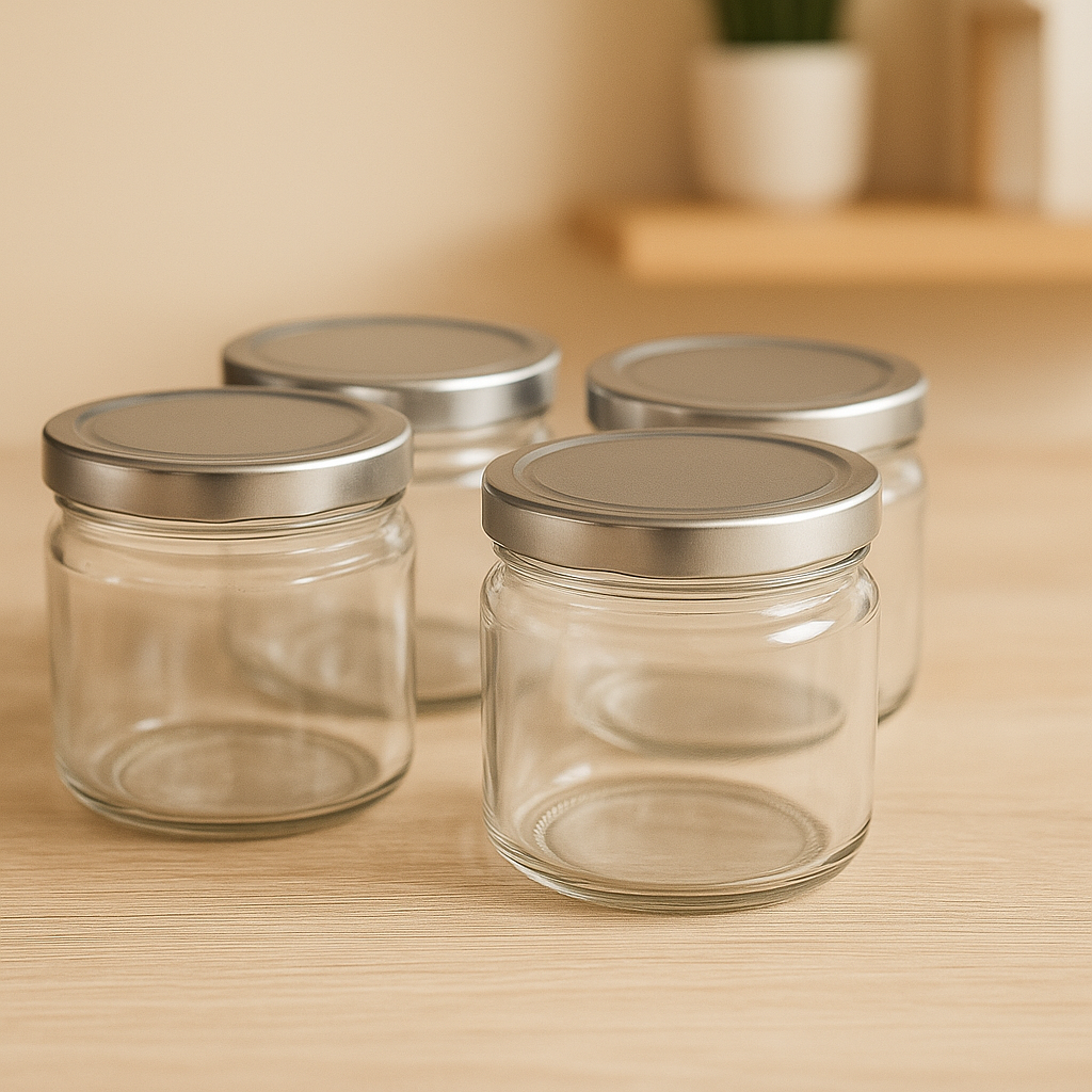 350ml Glass Salsa Jar with Silver Tin Cap – Airtight Storage Jar for Kitchen & Gifting| Pack of 4Jars | 3V7001
