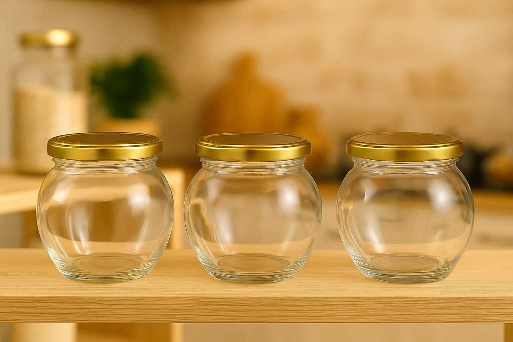 Glass Pickle Jars with Golden Lids Set of 3 Premium  – 350ml Each | Elegant Kitchen Storage | 3V7002