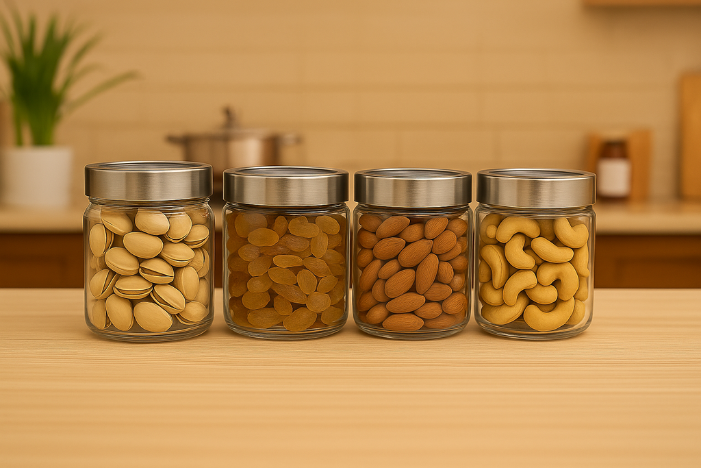 Premium Glass Storage Jar Set with see-through lid (250ml) – Perfect for Dry Fruits & Kitchen Décor (4 Pcs) | 3V7003