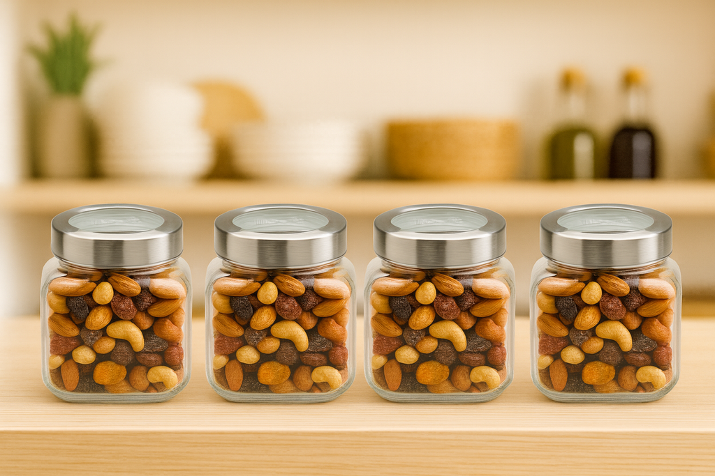 300ml Cubicle Jar Storage Set with Steel See-through Lid  – Elegant, Airtight & Versatile Kitchen Organizer (4 pcs) | 3V7004