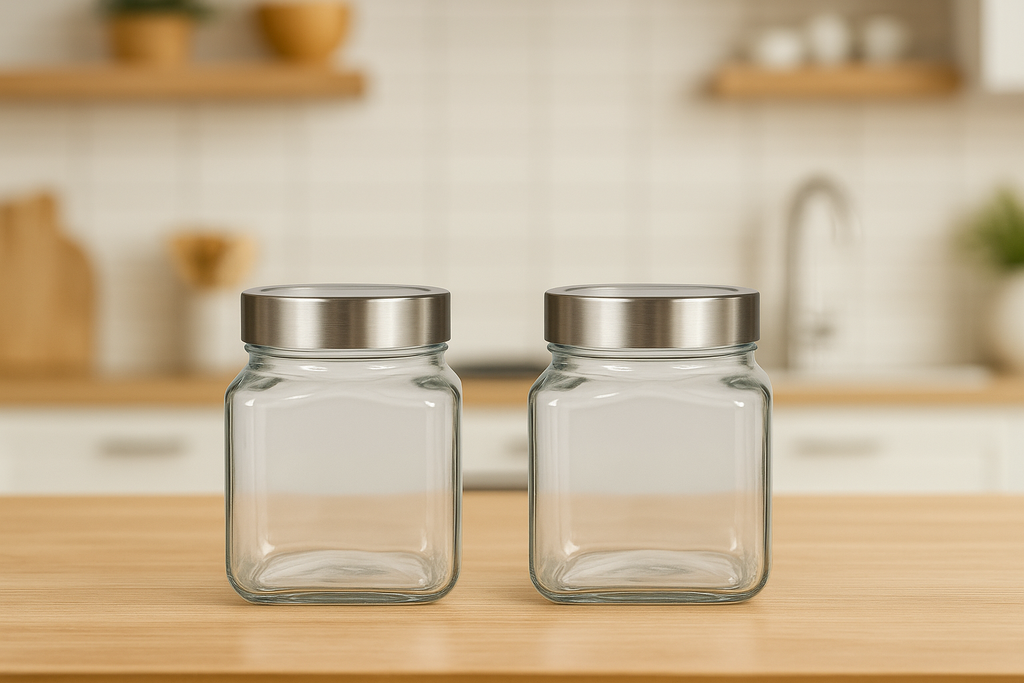 Premium 1 Liter Square Glass Storage Jar Set with See-though Lid – Premium Airtight Jars for Dry Fruits, Nuts & Kitchen Storage (Set of 4) | 3V7007