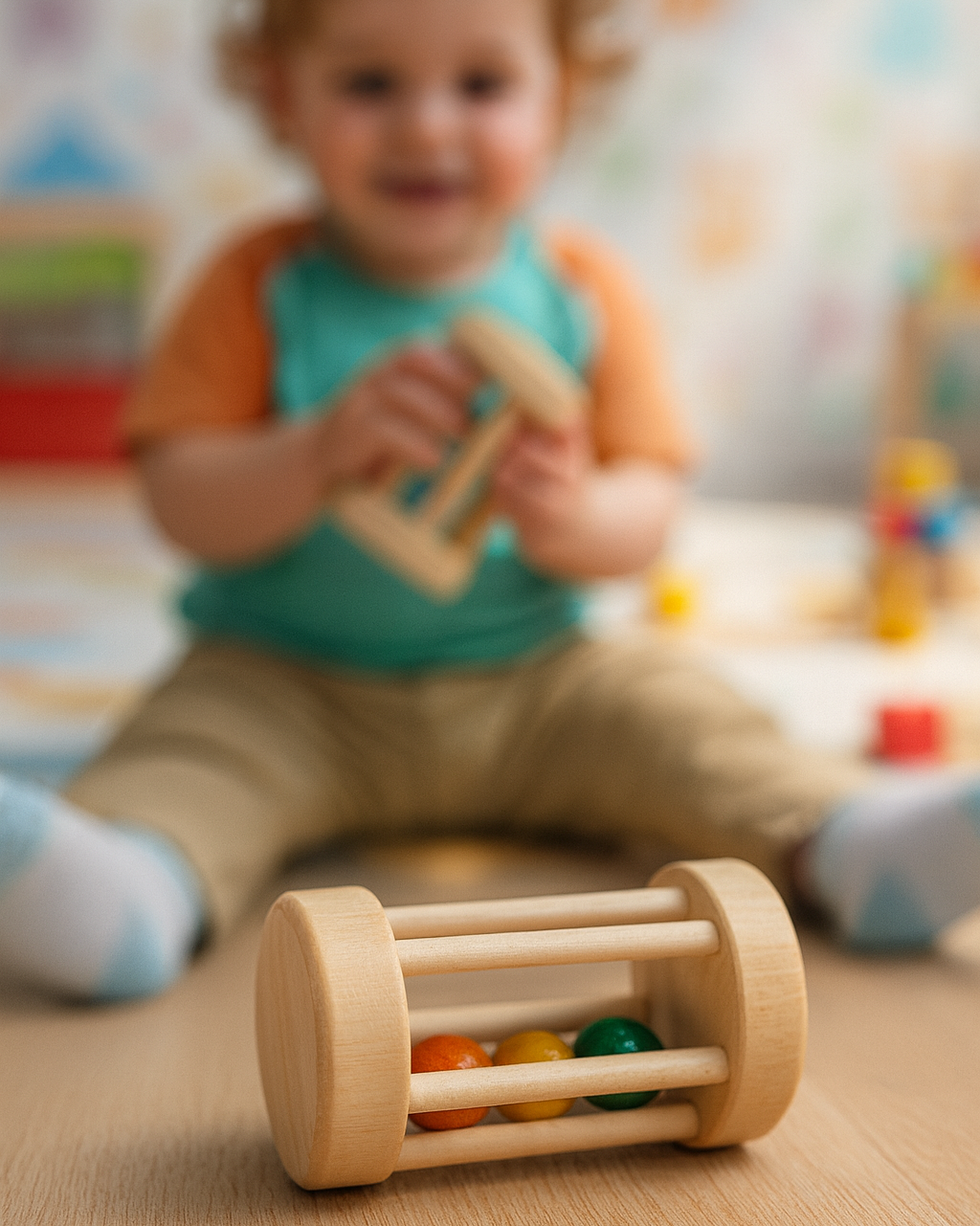 Baby Wooden Cage Rattle – Natural Sensory Toy for Little Hands| 3V3003