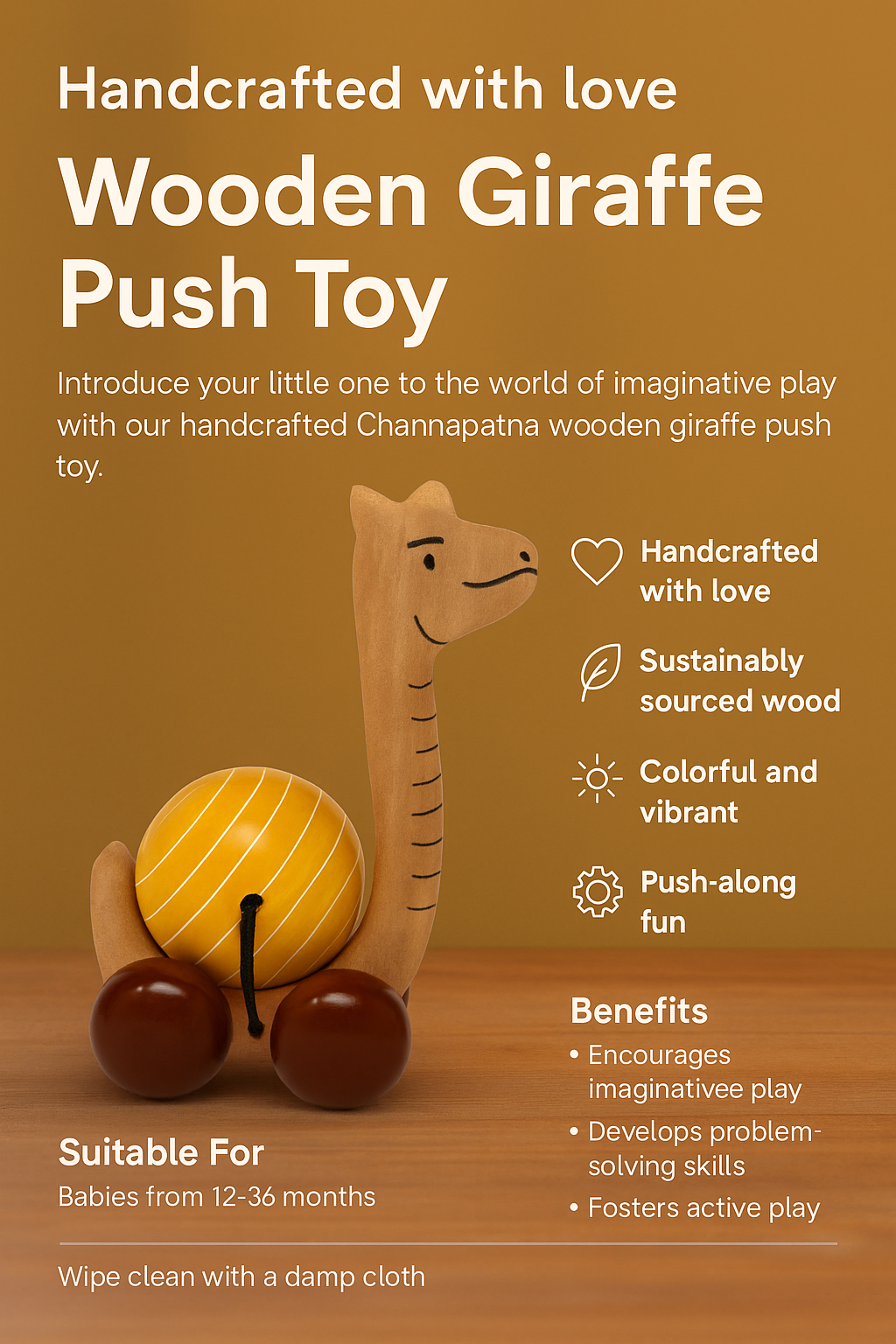 Wooden Giraffe Push Toy-Handcrafted Fun for Little Explorers | 3V3005
