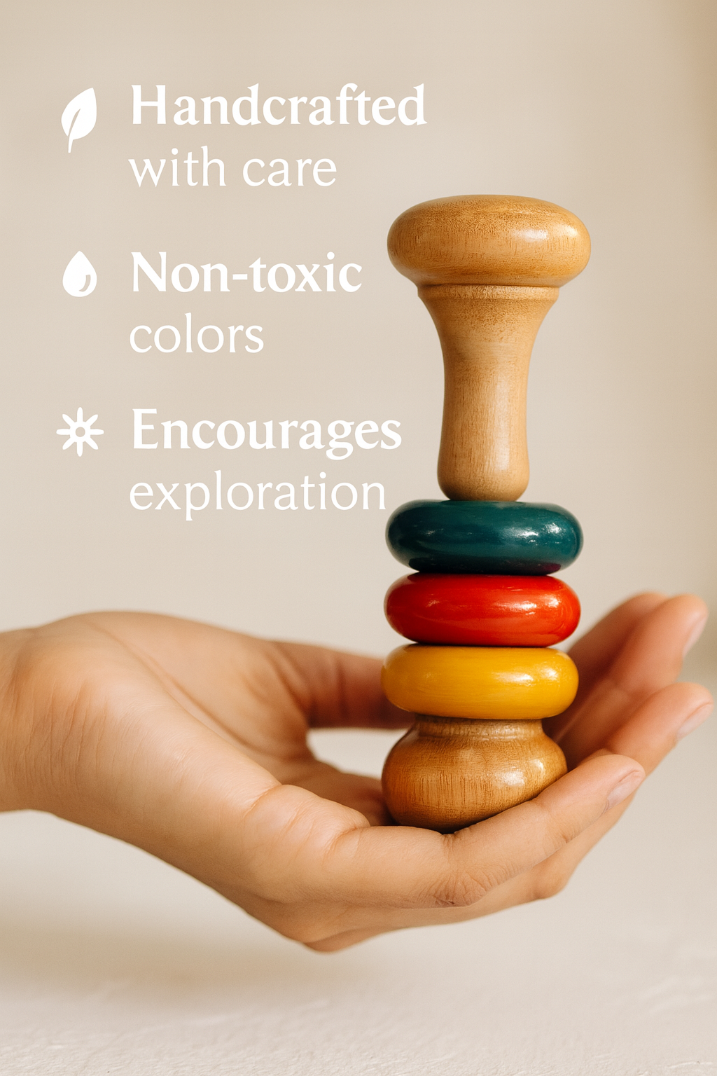 Handcrafted Wooden Baby Rattle Toy with colored  rings – Safe, Natural & Joyful Play | 3V3007