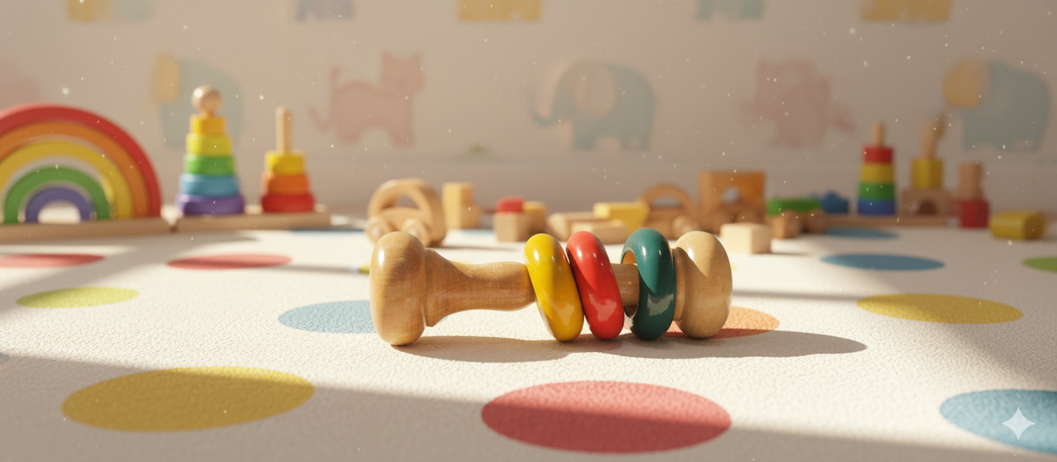 Handcrafted Wooden Baby Rattle Toy with colored  rings – Safe, Natural & Joyful Play | 3V3007