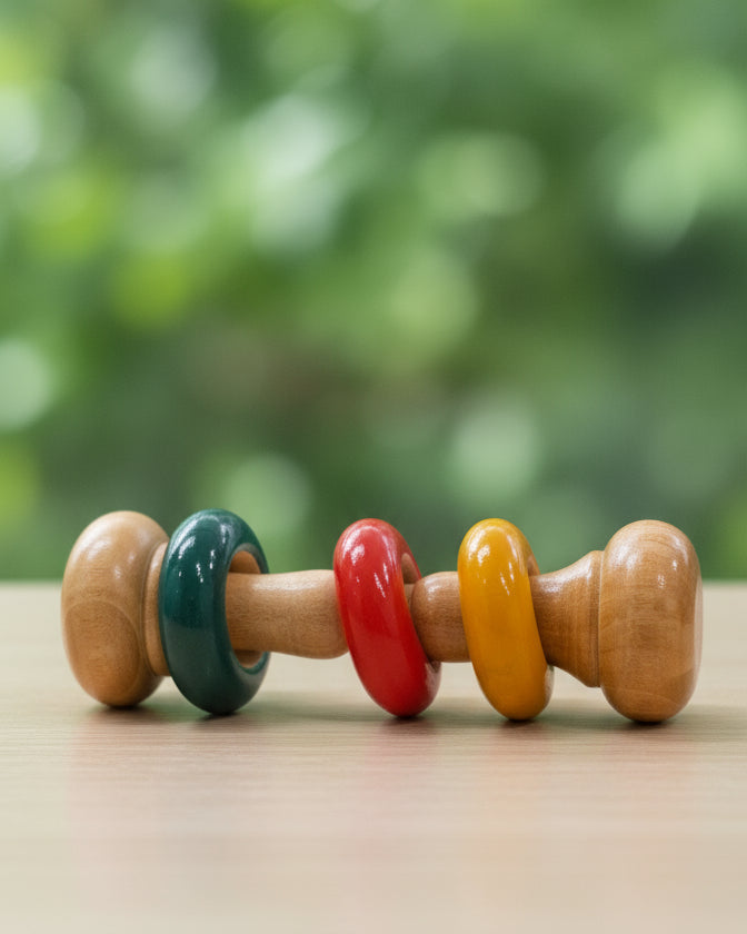 Handcrafted Wooden Baby Rattle Toy with colored  rings – Safe, Natural & Joyful Play | 3V3007
