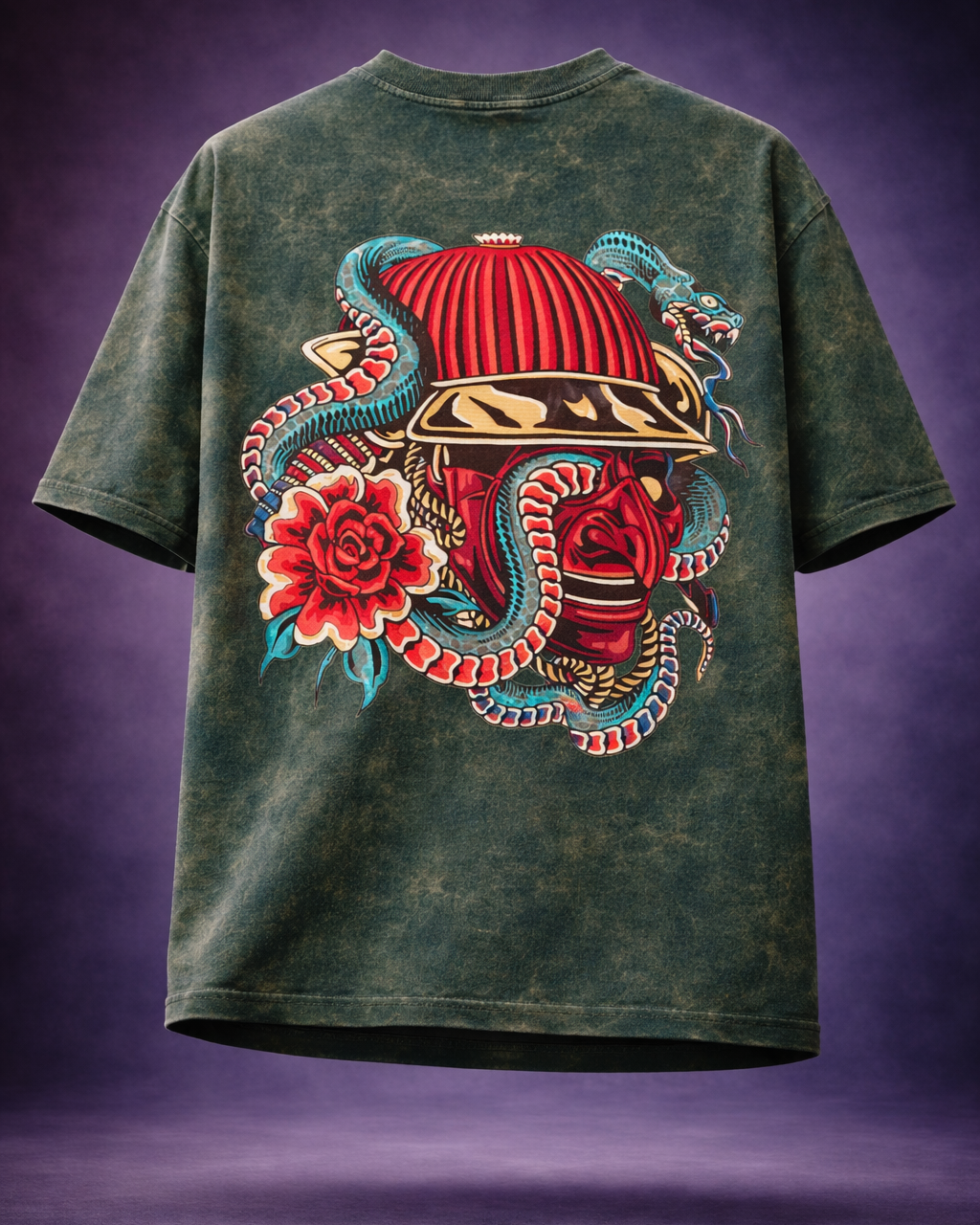 TRIVI's Oversized Acid Wash Tee – Tribal Stripe Edition-Green color  | 100% cotton  | 3V9005