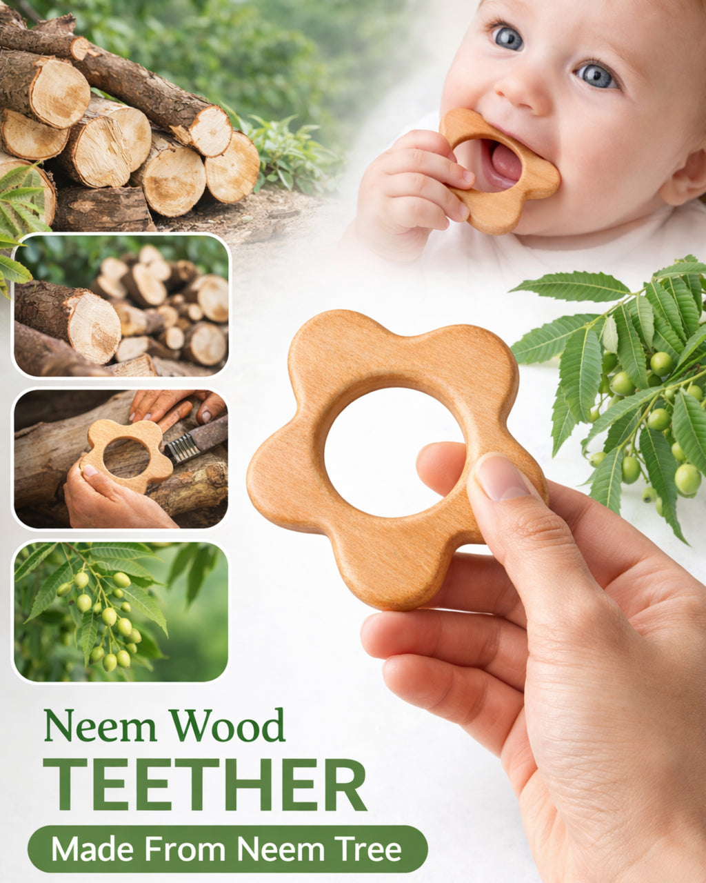 Natural  Neem Wooden Baby Teether Set – Cloud & Penguin Design (Set of 2) | 3V3013