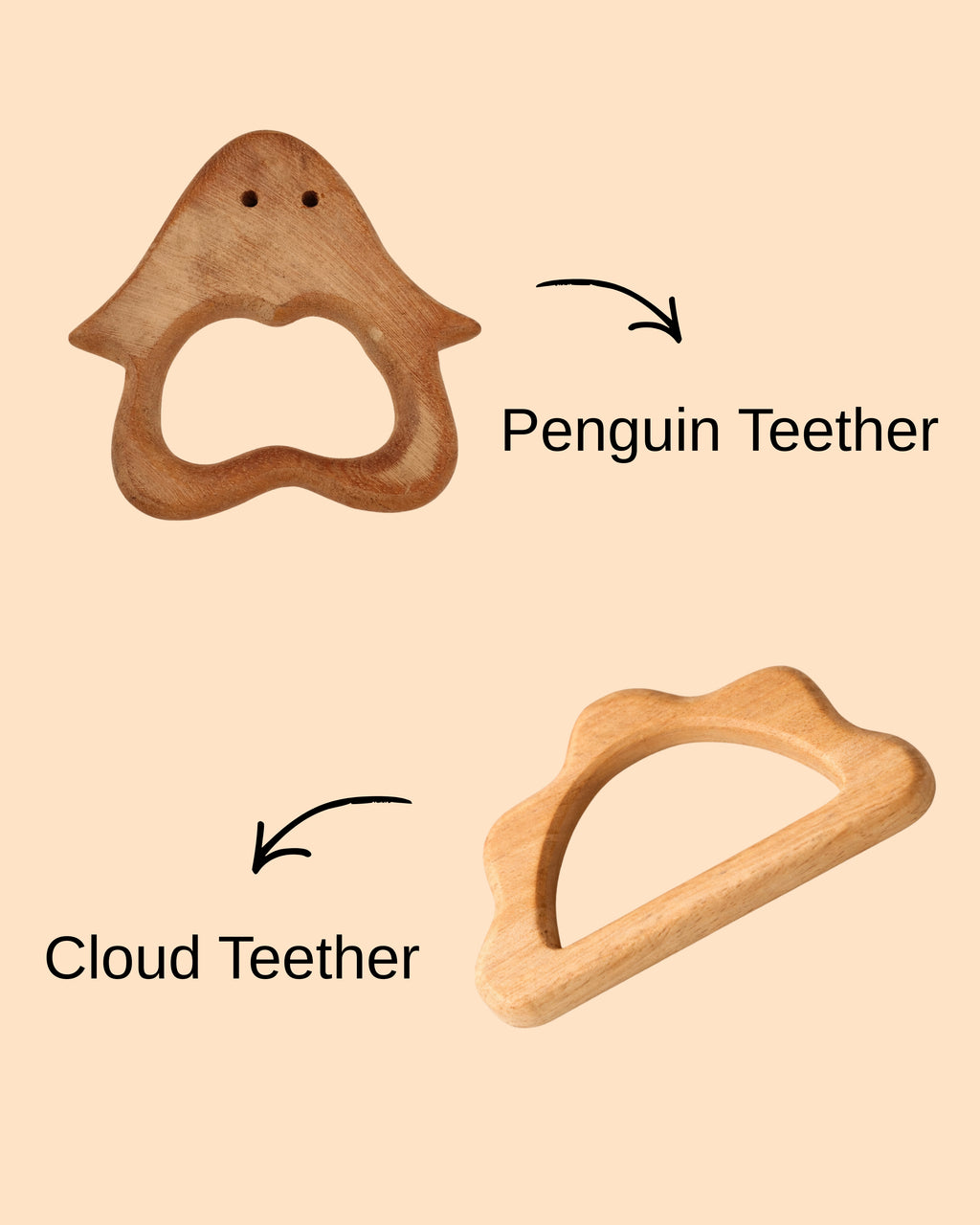 Natural  Neem Wooden Baby Teether Set – Cloud & Penguin Design (Set of 2) | 3V3013