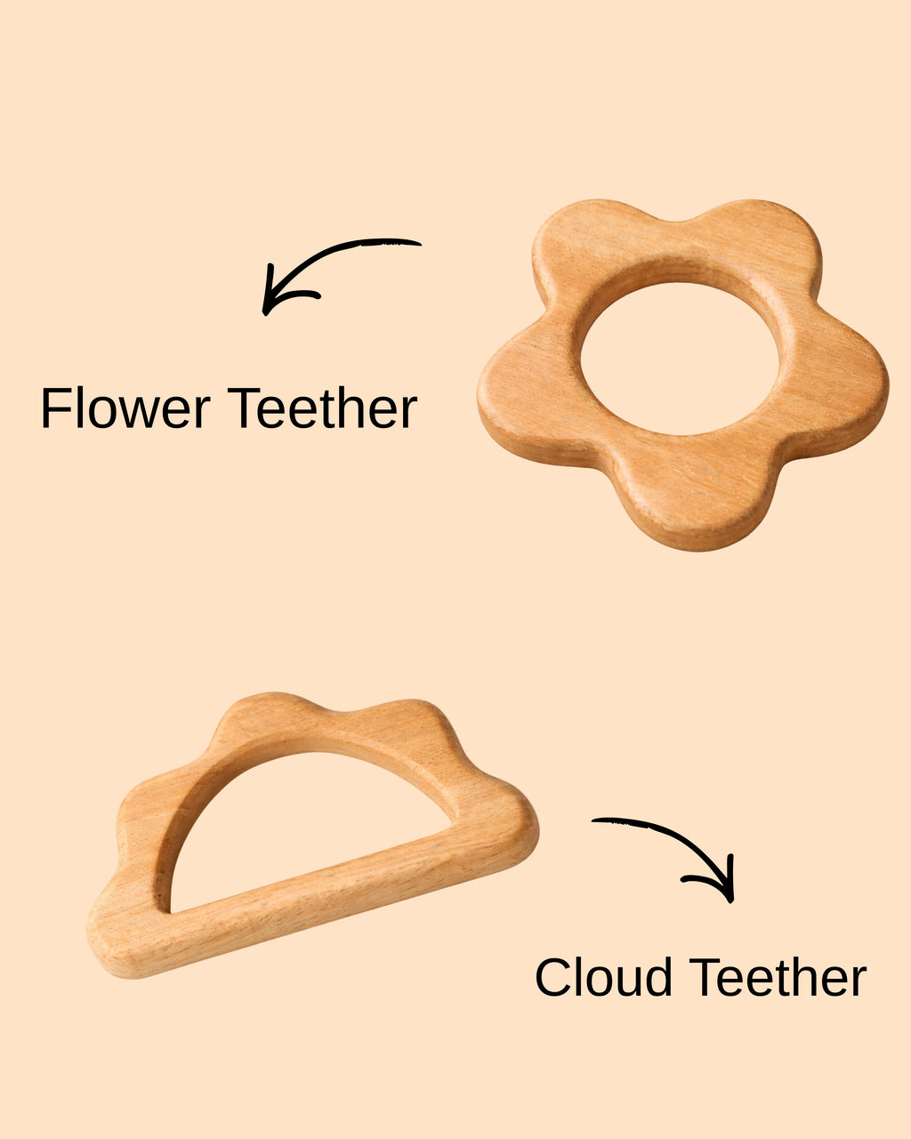 Neem Wood Baby Teether Set – Cloud & Flower Design (3 Months+) | 3V3014