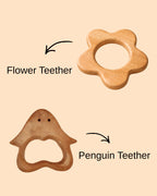 Wooden Baby Teether Set – Flower & Penguin Design | Made of Neem wood | 3V3012