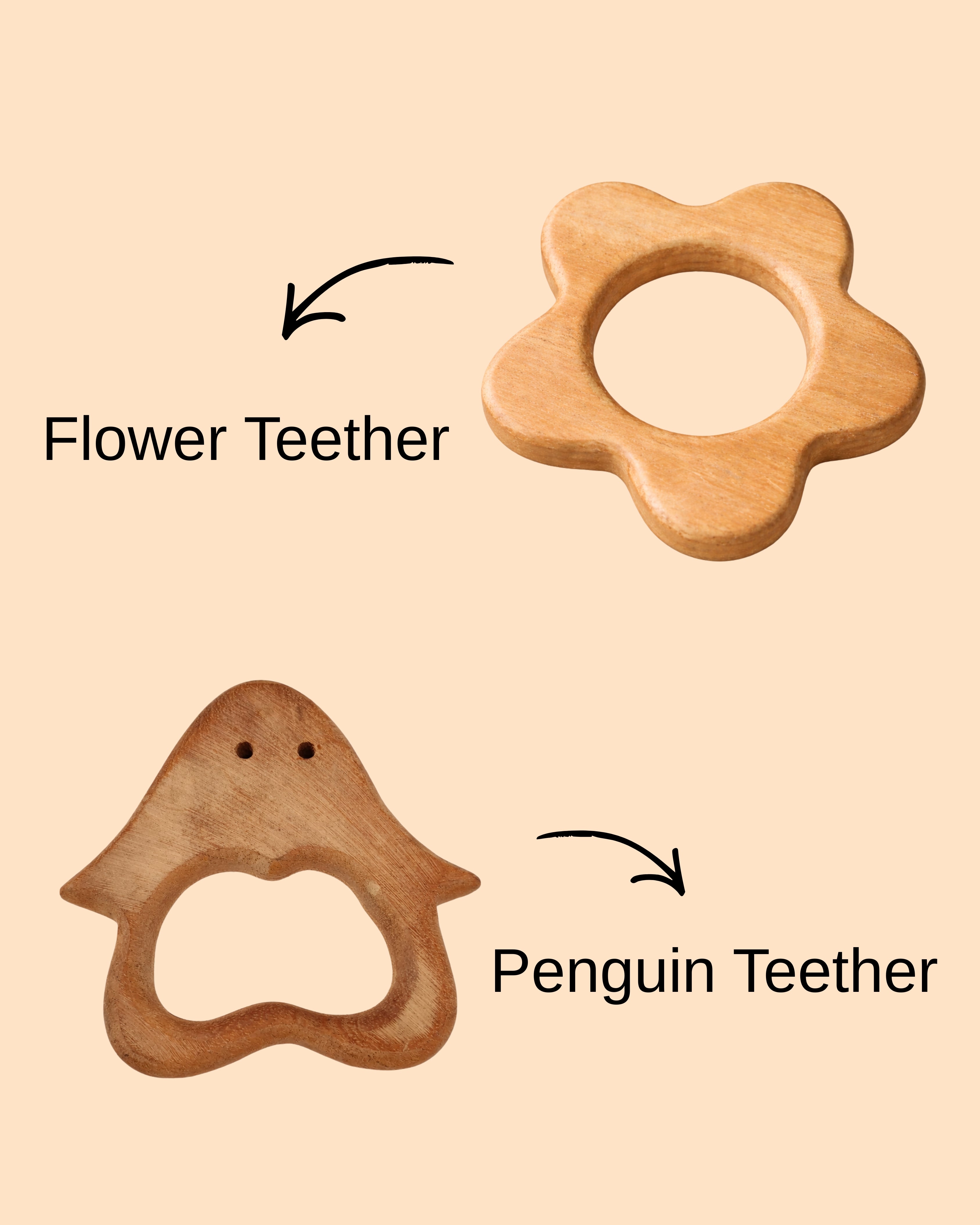 Wooden Baby Teether Set – Flower & Penguin Design | Made of Neem wood | 3V3012