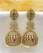 Gold-Plated AD Jhumka Earrings with Cubic Zirconia, Green & Ruby Stones – Traditional Indian Jewelry | 3V8005