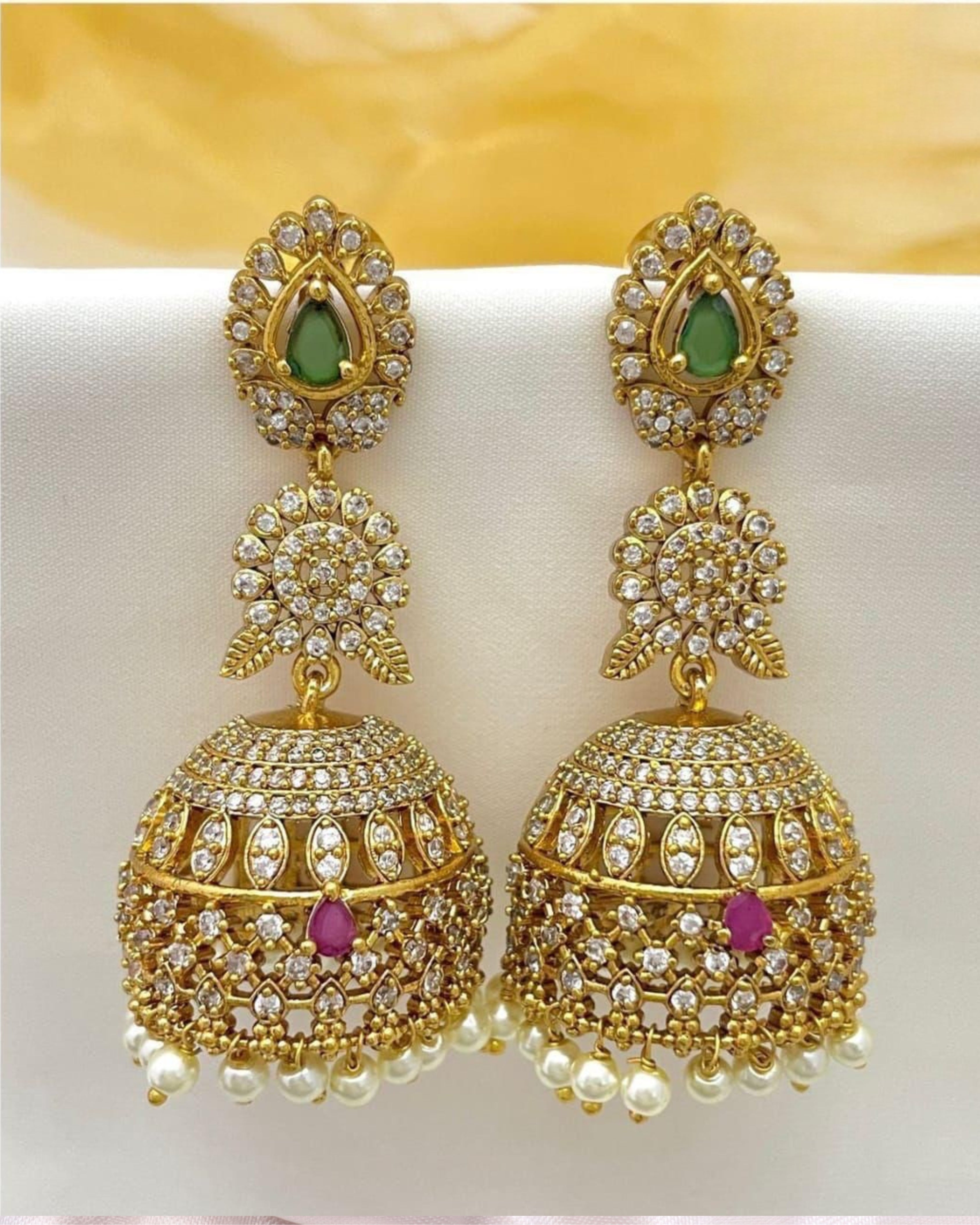 Gold-Plated AD Jhumka Earrings with Cubic Zirconia, Green & Ruby Stones – Traditional Indian Jewelry | 3V8005