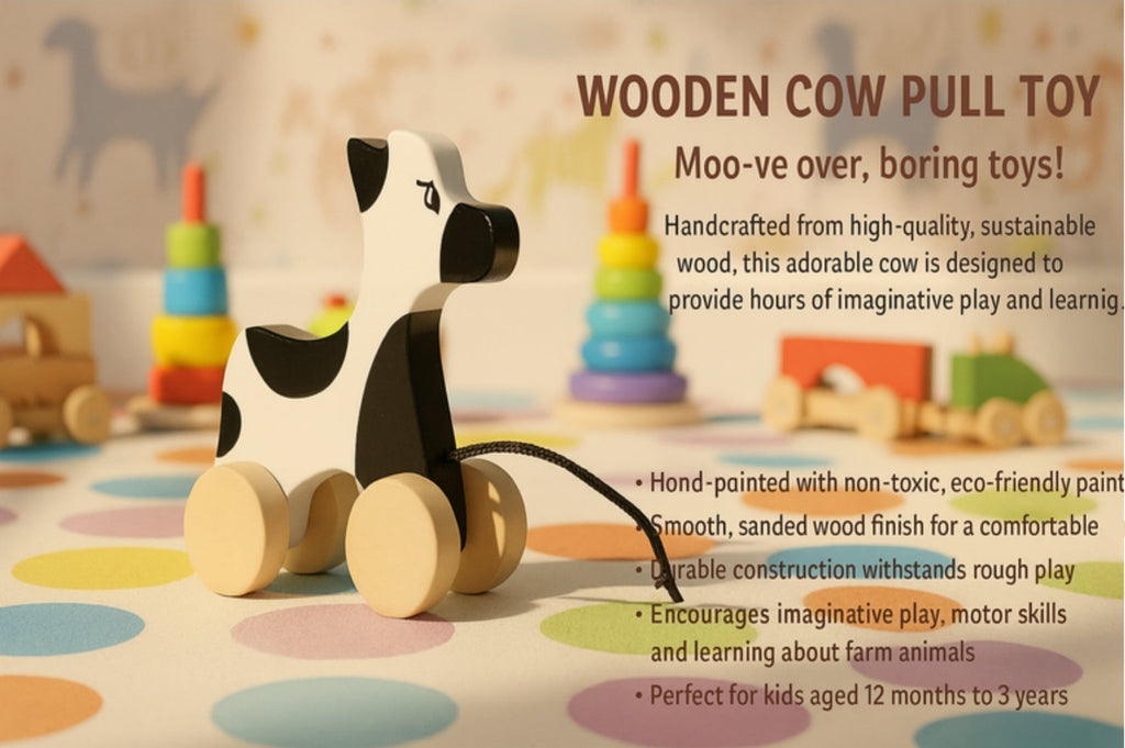 Wooden Cow Pull Toy – Handcrafted Fun for Little Explorers- Encourage Walking, Build Gross Motor Skills and Hand-Eye Coordination | 3V3004
