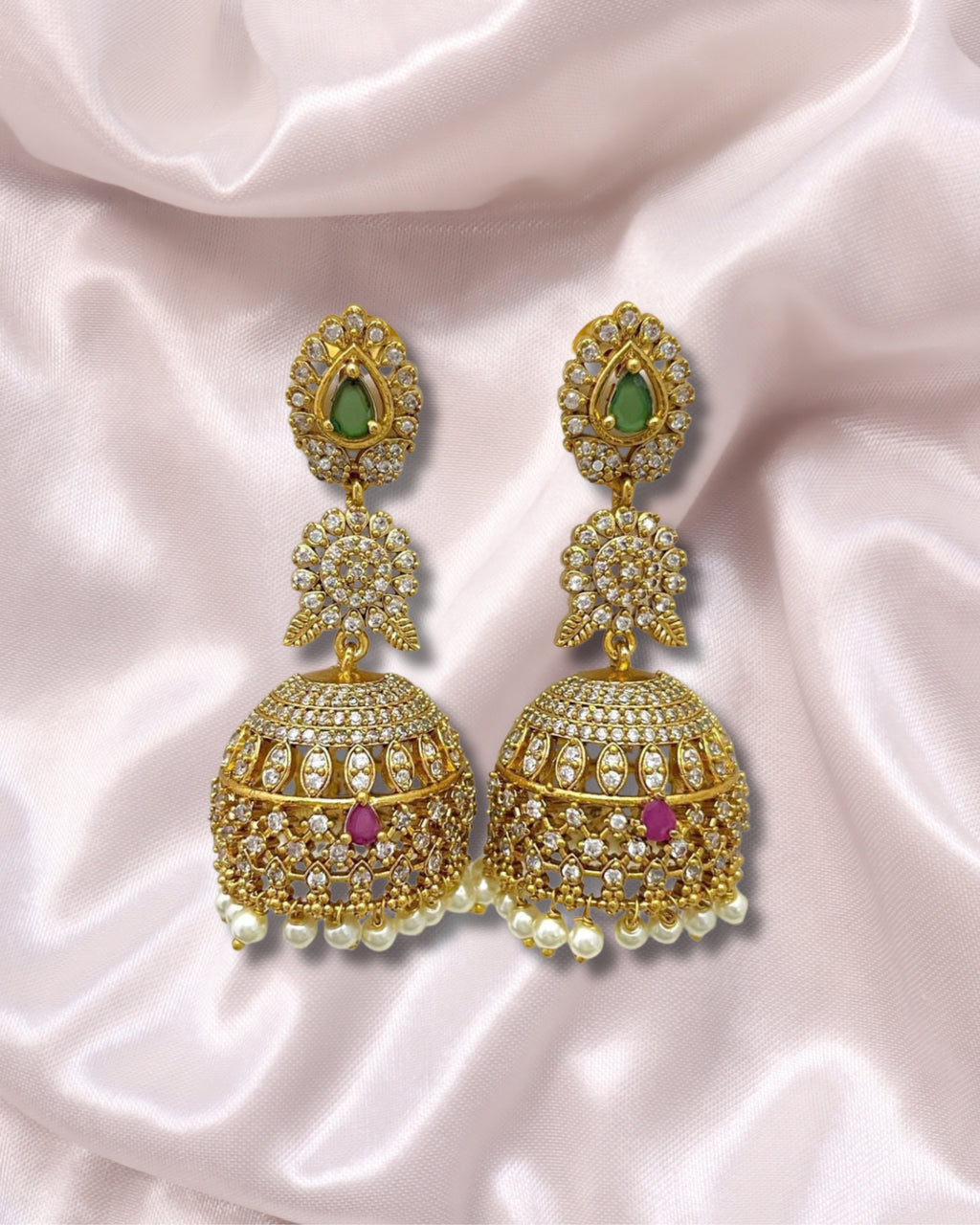 Gold-Plated AD Jhumka Earrings with Cubic Zirconia, Green & Ruby Stones – Traditional Indian Jewelry | 3V8005