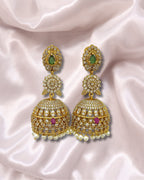 Gold-Plated AD Jhumka Earrings with Cubic Zirconia, Green & Ruby Stones – Traditional Indian Jewelry | 3V8005
