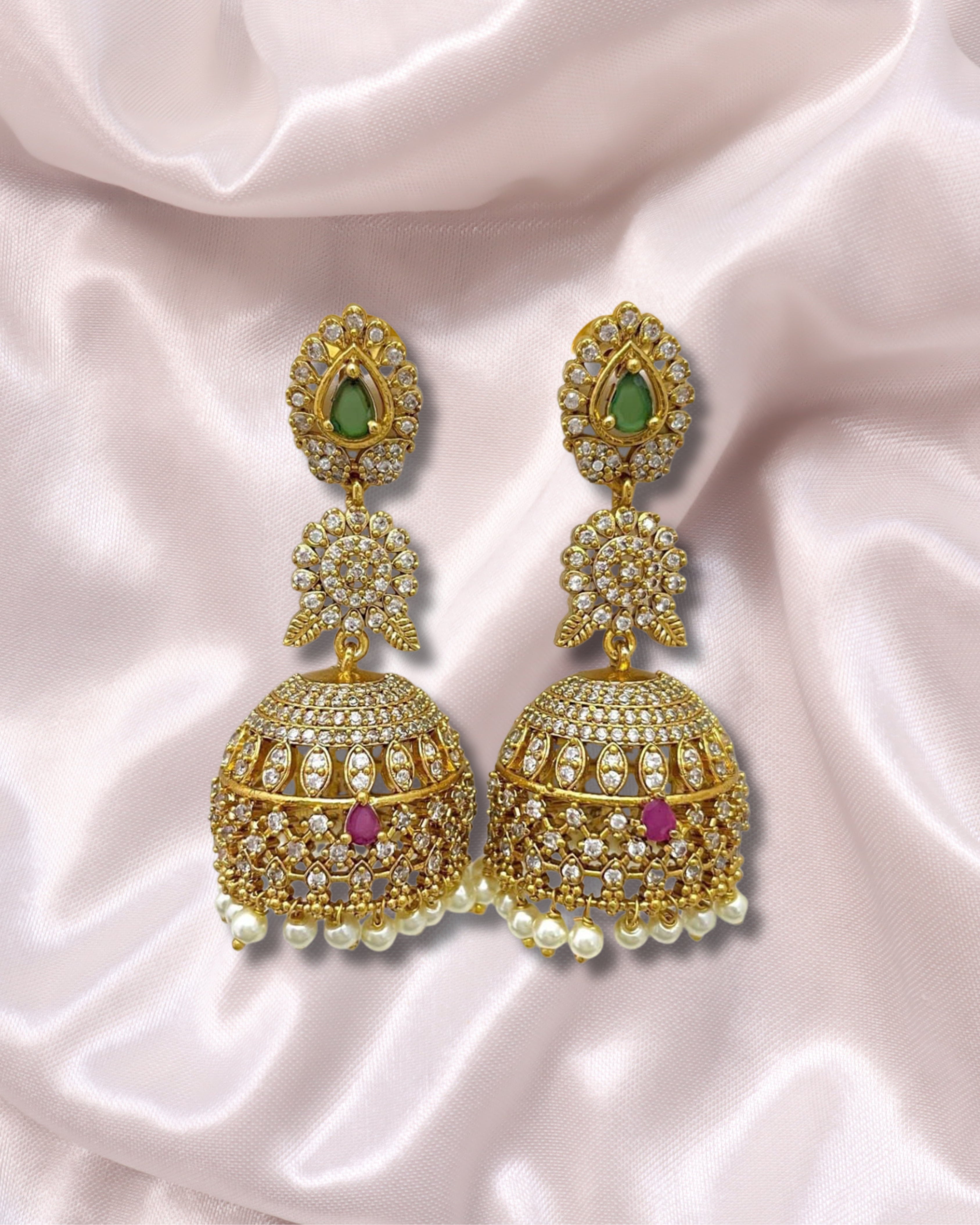 Gold-Plated AD Jhumka Earrings with Cubic Zirconia, Green & Ruby Stones – Traditional Indian Jewelry | 3V8005
