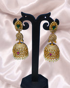 Gold-Plated AD Jhumka Earrings with Cubic Zirconia, Green & Ruby Stones – Traditional Indian Jewelry | 3V8005