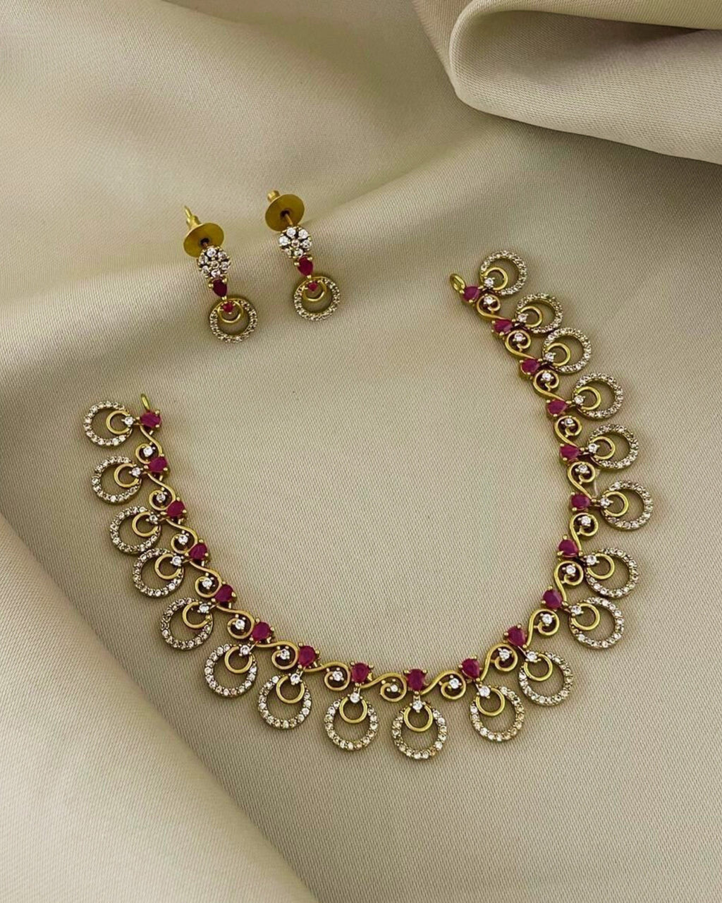 Elegant gold-Plated AD Necklace Set with Ruby Accents & Cubic Zirconia – Traditional Indian Jewelry  | 3V8006