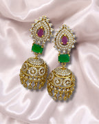 Premium Gold-Plated AD Jhumka Earrings with Multi Color Stones & Cubic Zirconia – Traditional Indian Jewelry | 3V8007