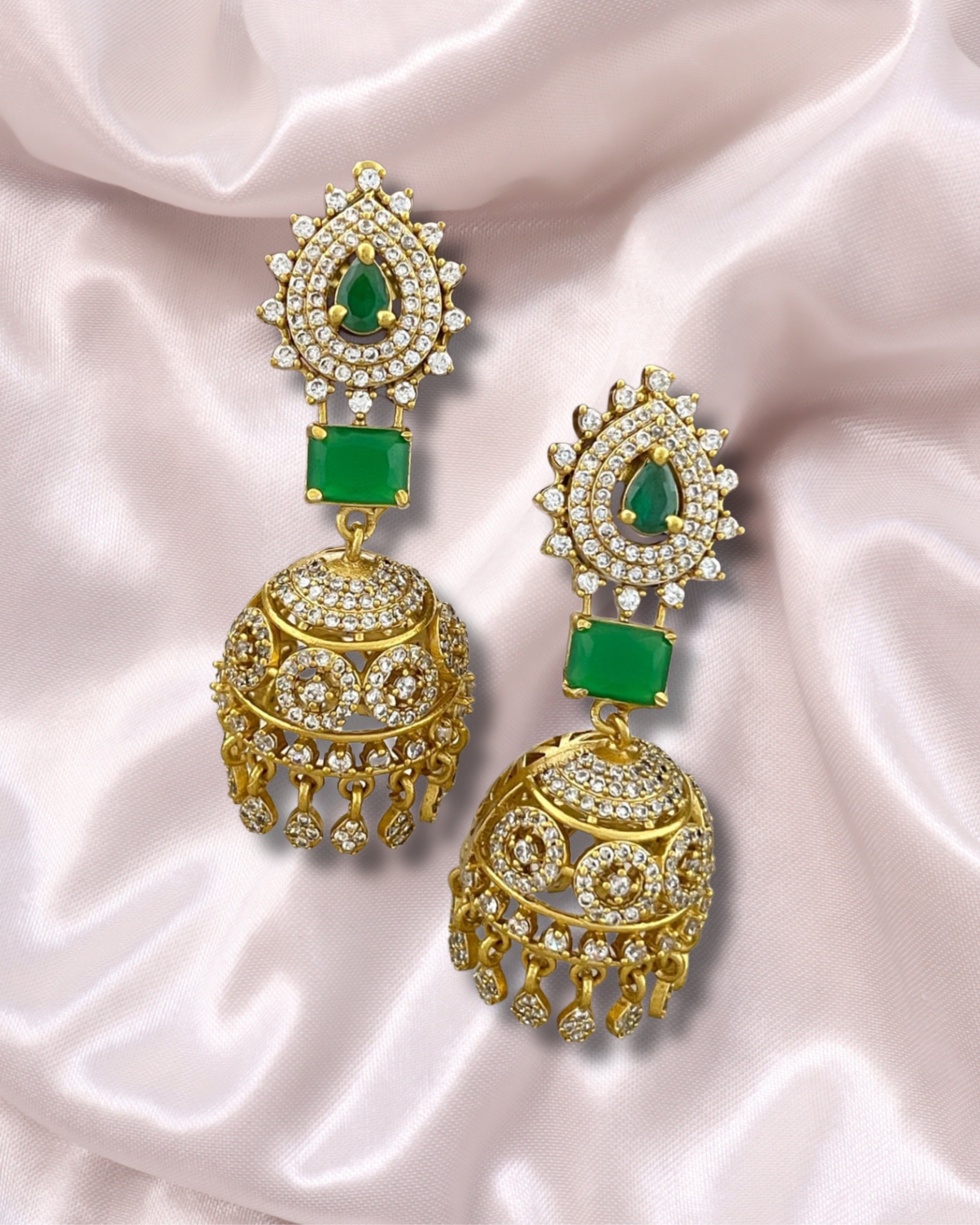 Premium Gold-Plated AD Jhumka Earrings with Multi Color Stones & Cubic Zirconia – Traditional Indian Jewelry | 3V8007