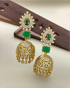 Premium Gold-Plated AD Jhumka Earrings with Multi Color Stones & Cubic Zirconia – Traditional Indian Jewelry | 3V8007