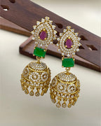 Premium Gold-Plated AD Jhumka Earrings with Multi Color Stones & Cubic Zirconia – Traditional Indian Jewelry | 3V8007