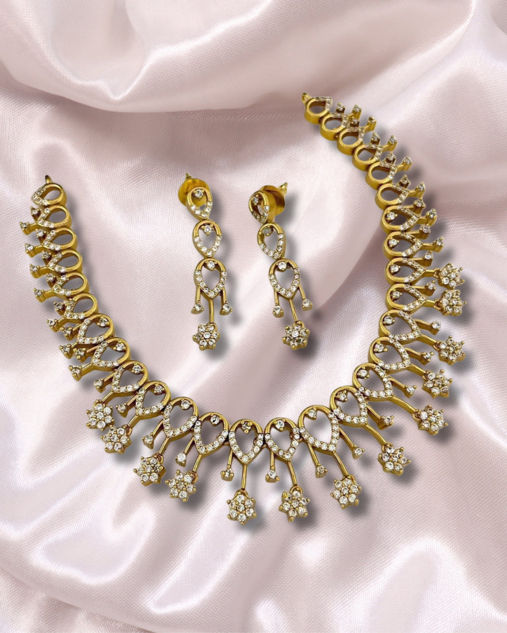 Premium Gold-Plated AD Necklace Set with Floral Dangling Design & Cubic Zirconia – Traditional Imitation Jewelry | 3V8009