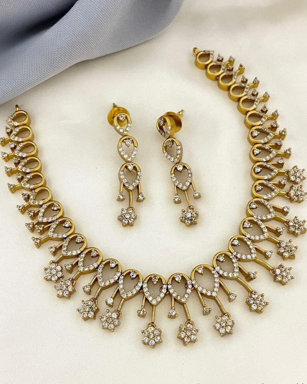 Premium Gold-Plated AD Necklace Set with Floral Dangling Design & Cubic Zirconia – Traditional Imitation Jewelry | 3V8009