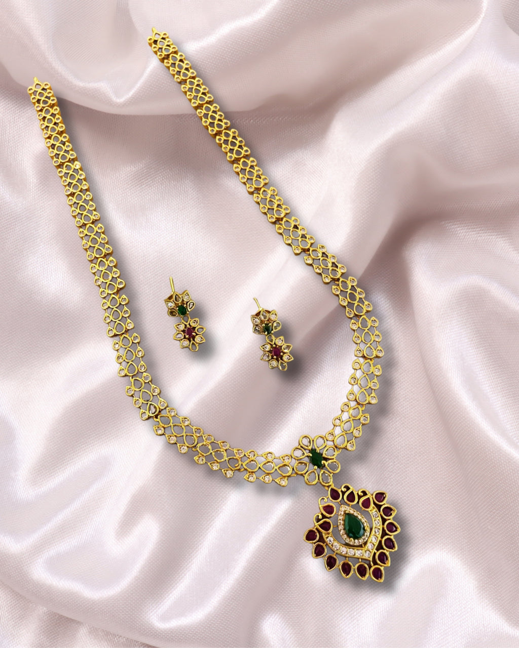 Premium Gold-Plated AD Necklace Set with Ruby & Emerald Stones – Traditional Indian Imitation Jewelry | 3V8011