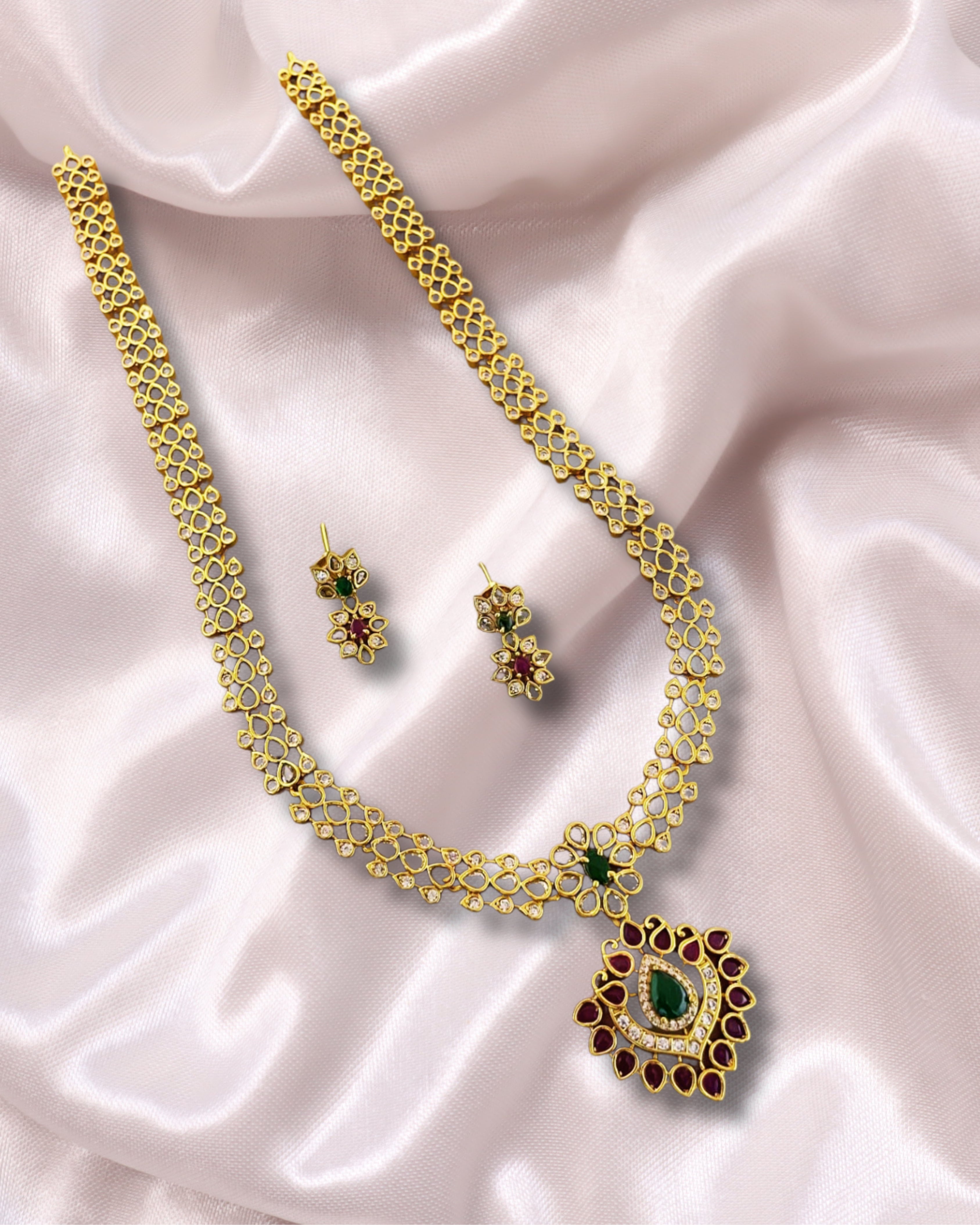 Premium Gold-Plated AD Necklace Set with Ruby & Emerald Stones – Traditional Indian Imitation Jewelry | 3V8011