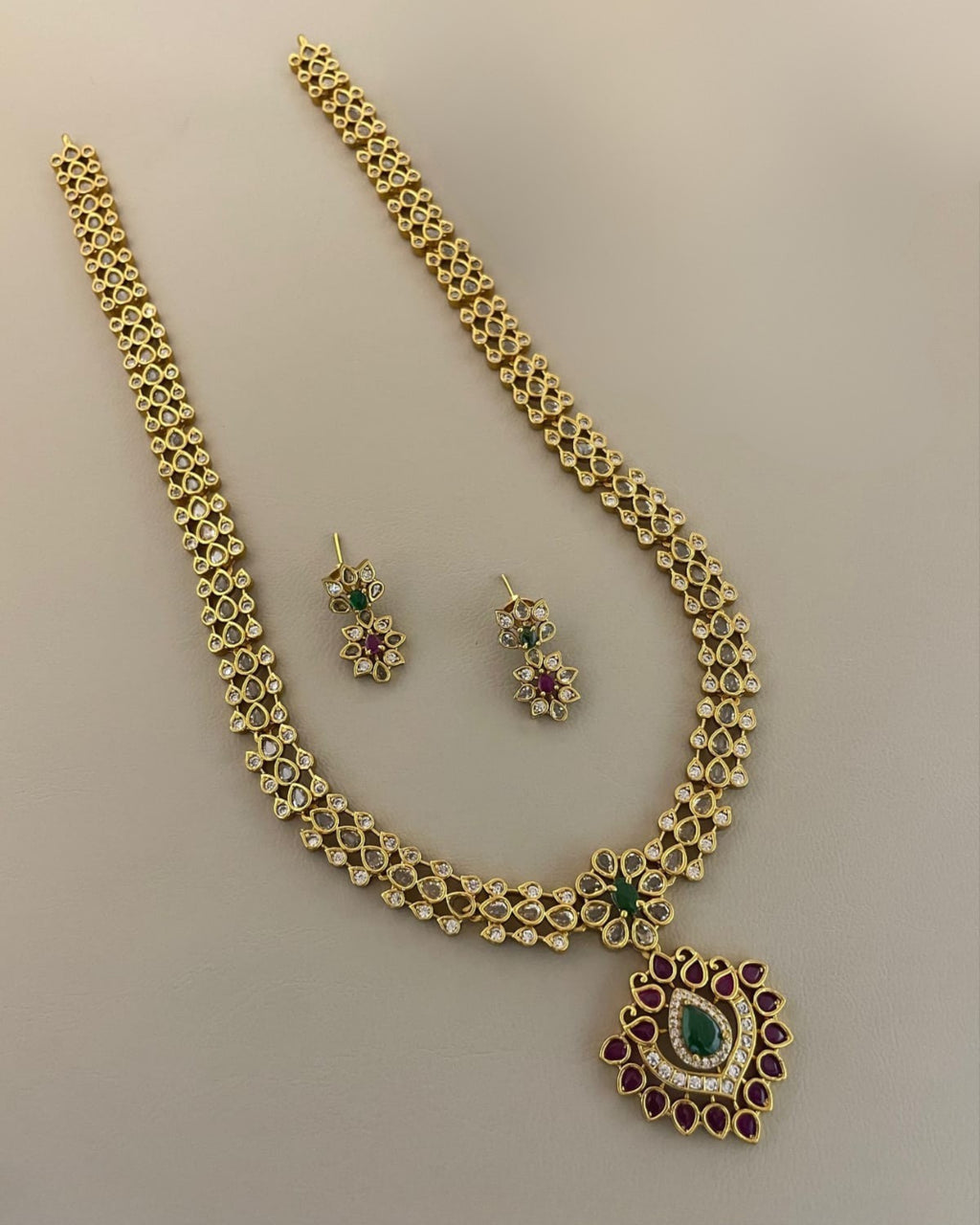Premium Gold-Plated AD Necklace Set with Ruby & Emerald Stones – Traditional Indian Imitation Jewelry | 3V8011
