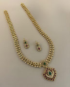 Premium Gold-Plated AD Necklace Set with Ruby & Emerald Stones – Traditional Indian Imitation Jewelry | 3V8011
