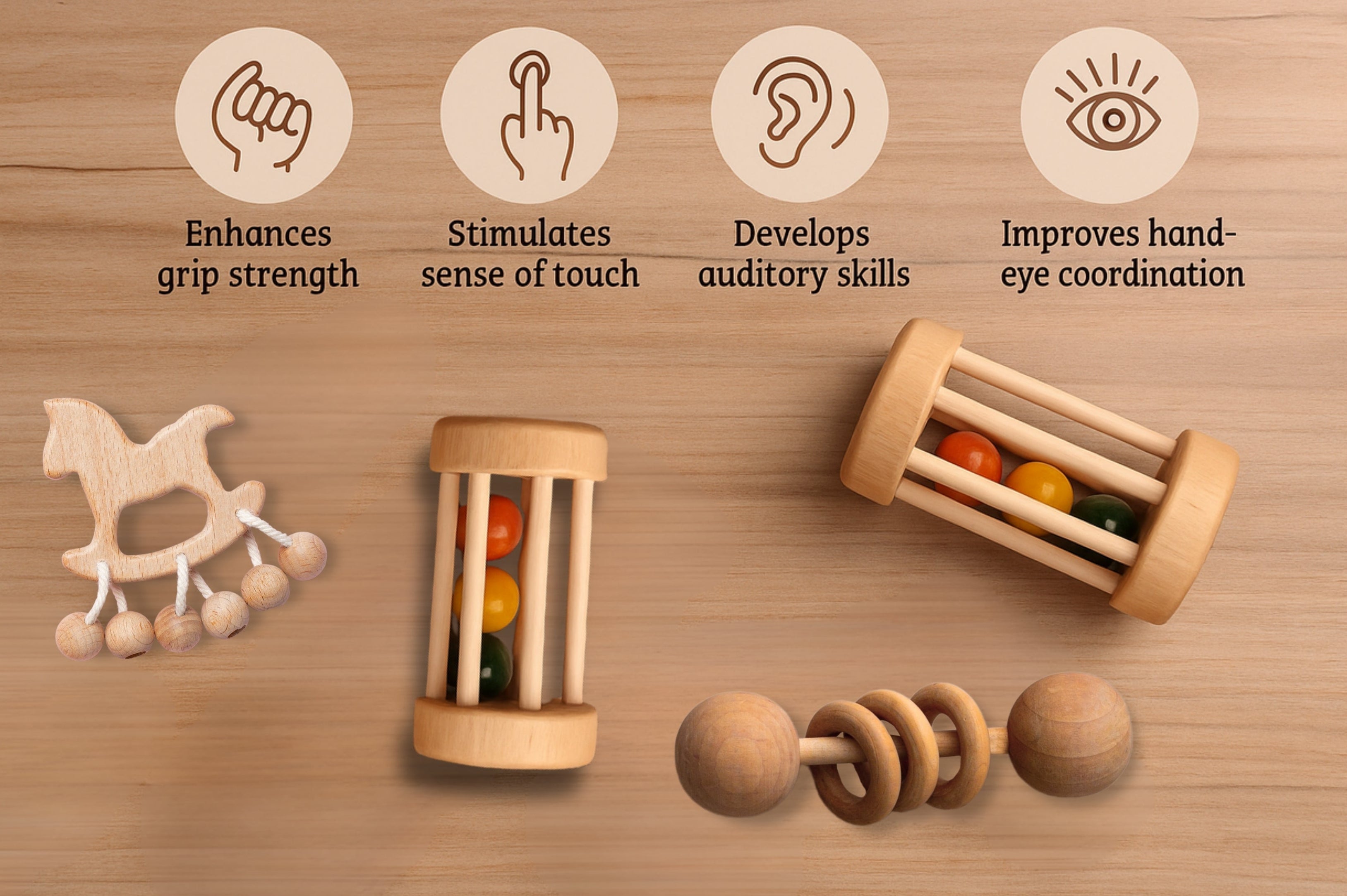 TRIVI Wooden Toy Gift Box – Handcrafted Rattles & Spinning Tops for Kids SET OF 3 pcs | 3V3009