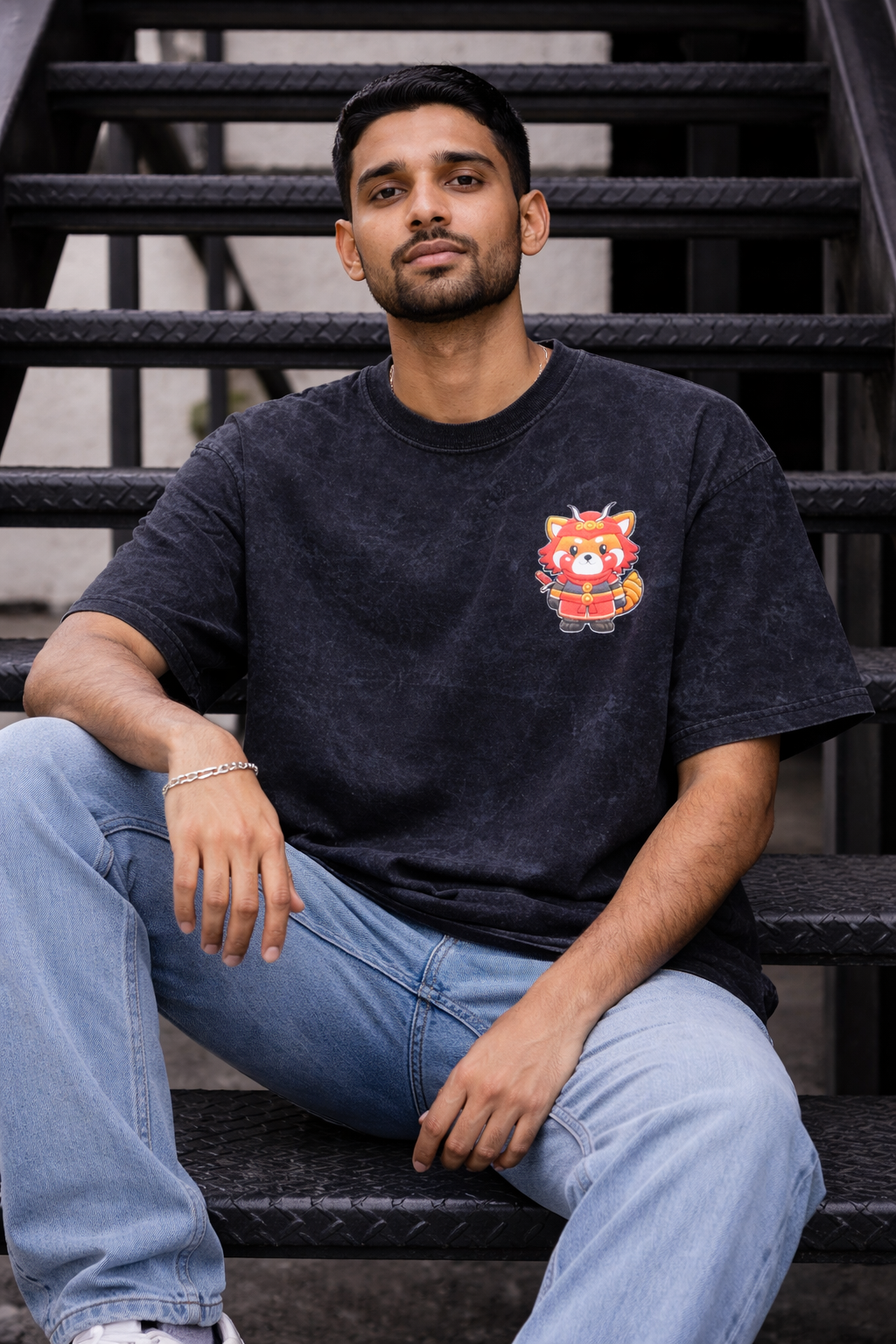 TRIVI's Black Acid Wash Oversized T-Shirt – Samurai Red Panda Edition 100% cotton | 3V9015