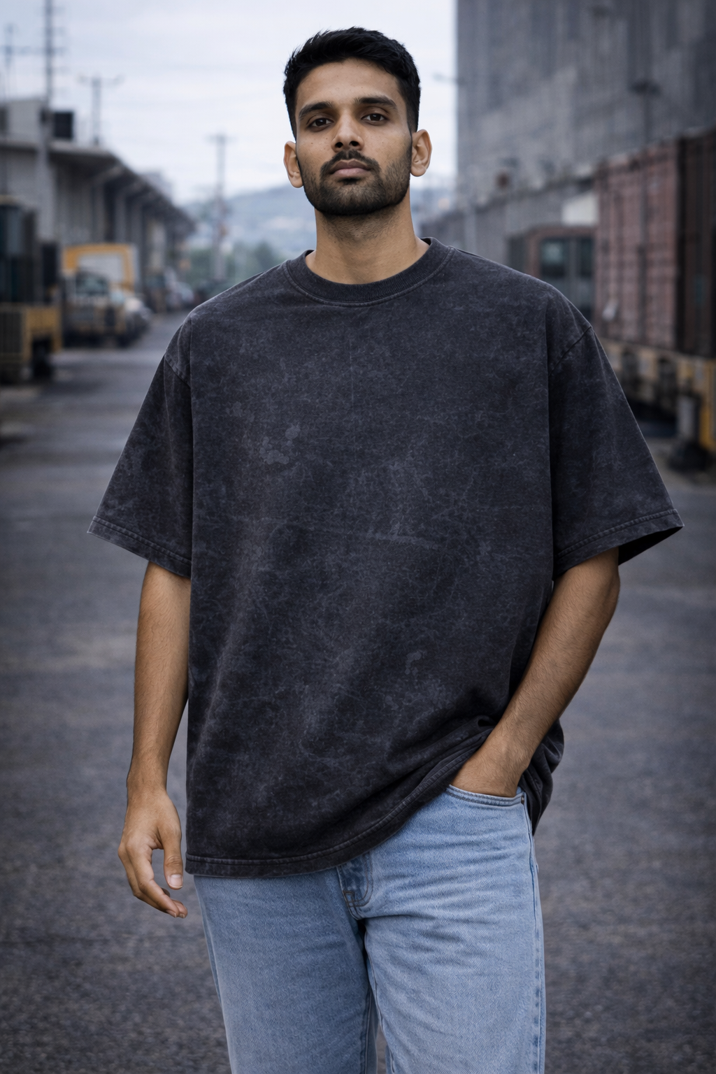 Plain Black color Acid Wash Oversized Tee - Vintage Fade Streetwear | 3V9014