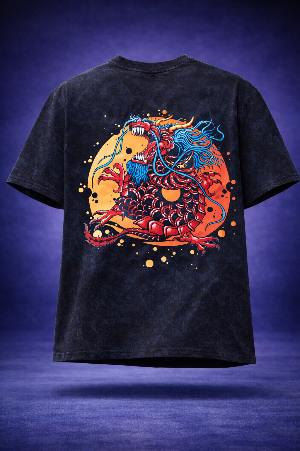 TRIVI's Black Acid Wash Oversized T-Shirt- Dragon Back Print 100% cotton | 3V9018