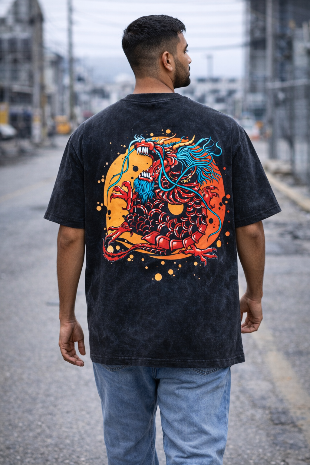 TRIVI's Black Acid Wash Oversized T-Shirt- Dragon Back Print 100% cotton | 3V9018