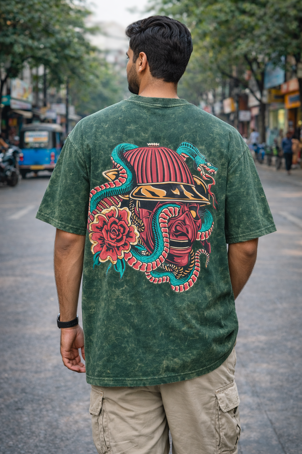 TRIVI's Oversized Acid Wash Tee – Tribal Stripe Edition-Green color  | 100% cotton  | 3V9005