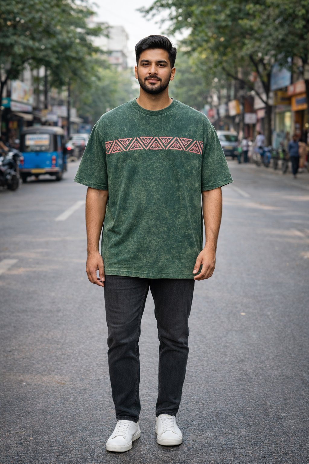 TRIVI's Oversized Acid Wash Tee – Tribal Stripe Edition-Green color  | 100% cotton  | 3V9005