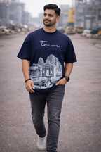 TRIVI's Navy Blue Oversized Tee  – Classic Art Edition | Premium 100% Cotton Streetwear Tee | 3V9006