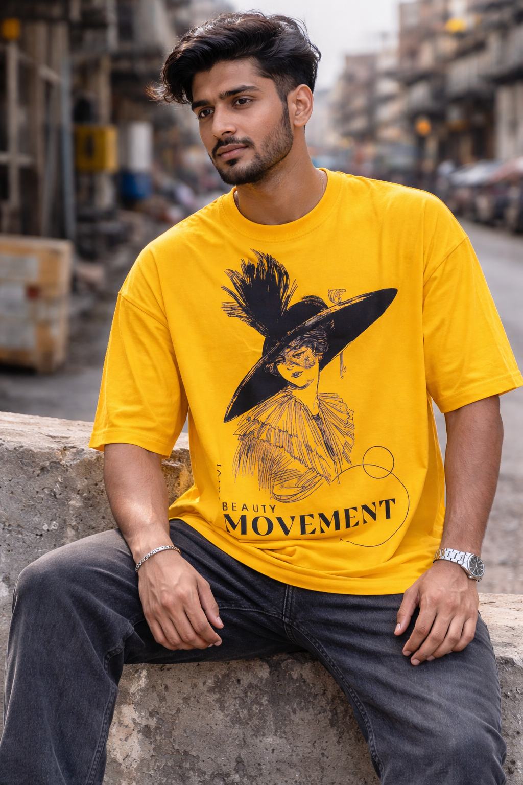 TRIVI's Mustard Yellow Oversized Graphic Tee – Movement Edition | Statement Streetwear Tee | 3V9003