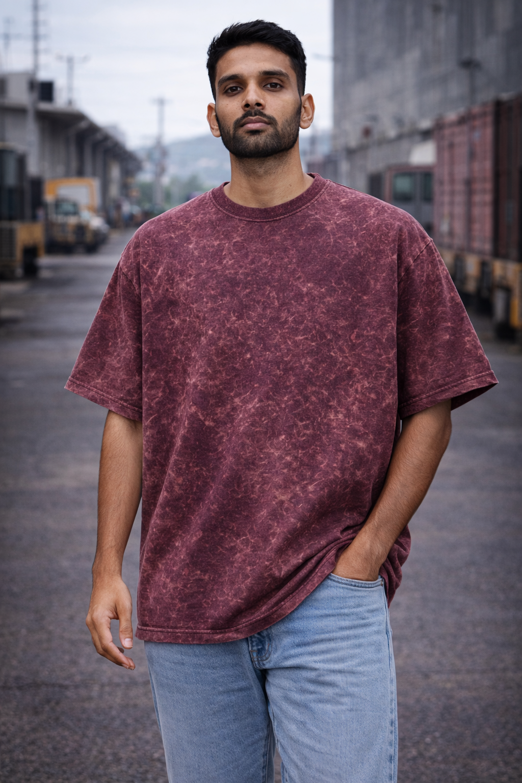 Plain Maroon color Acid Wash Oversized Tee - Vintage Fade Streetwear | 3V9013