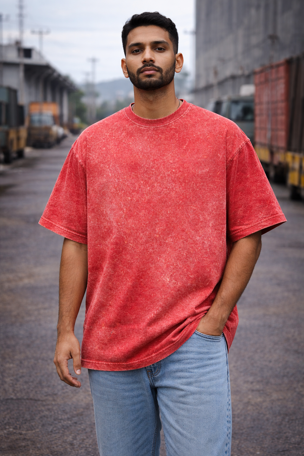 Plain Acid Wash Oversized RED Tee - Vintage Fade Streetwear | 3V9012