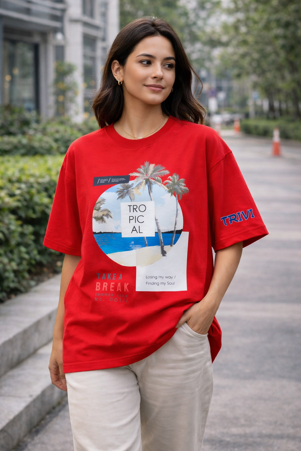 TRIVI's Red Oversized Cotton Tee – Premium 100% Cotton- Tropical Escape Edition | 3V9004