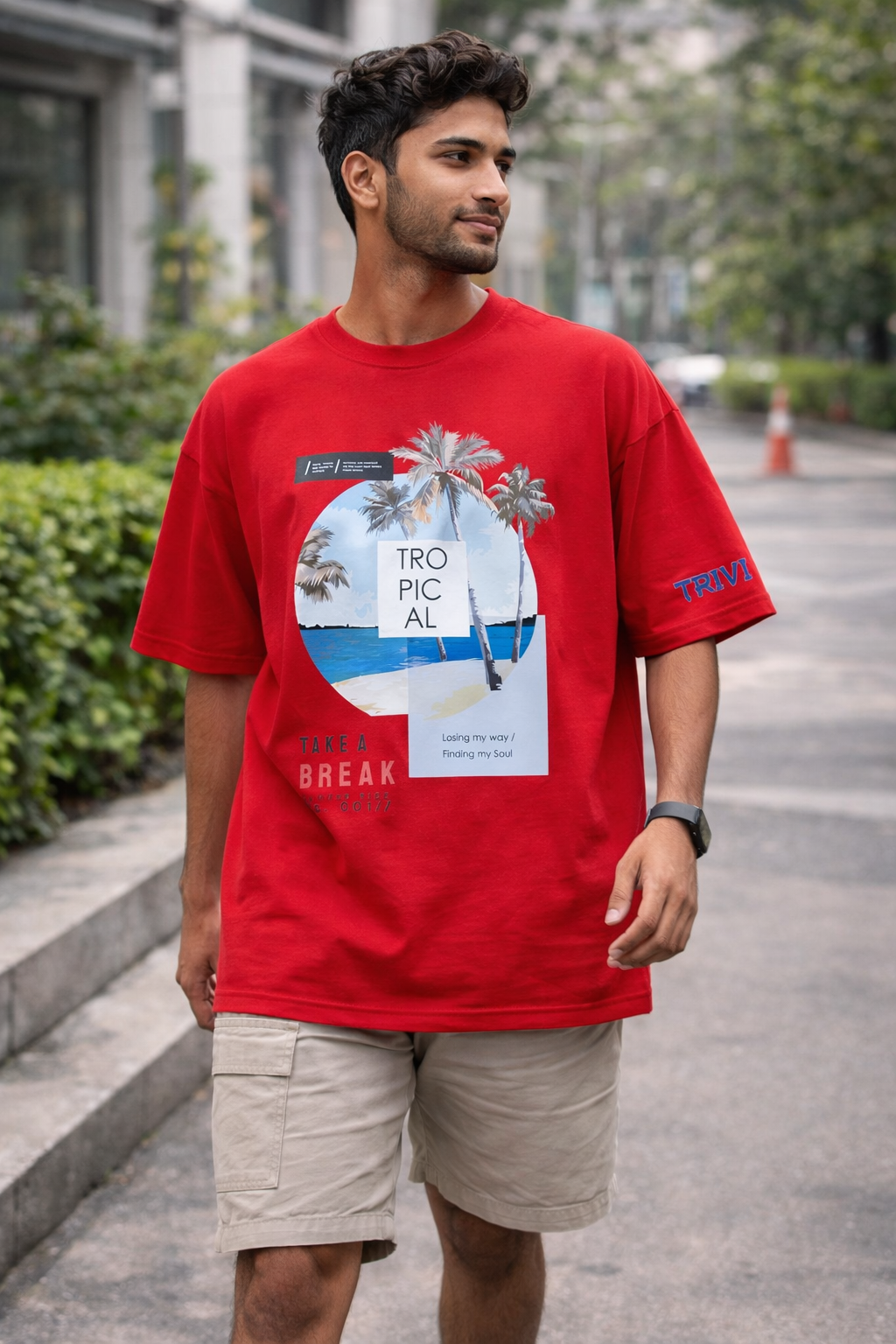 TRIVI's Red Oversized Cotton Tee – Premium 100% Cotton- Tropical Escape Edition | 3V9004