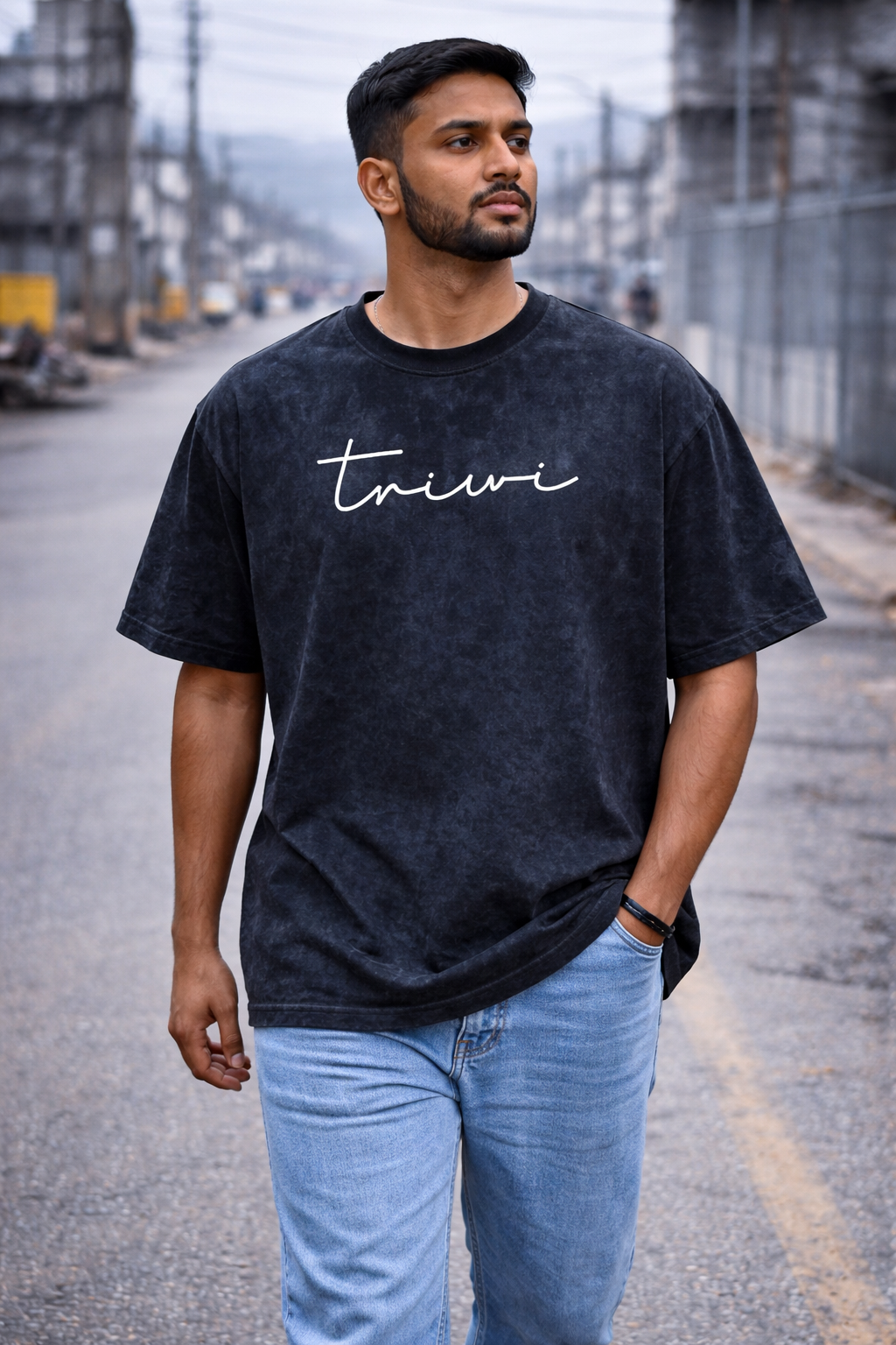 TRIVI's Black Acid Wash Oversized T-Shirt- Dragon Back Print 100% cotton | 3V9018