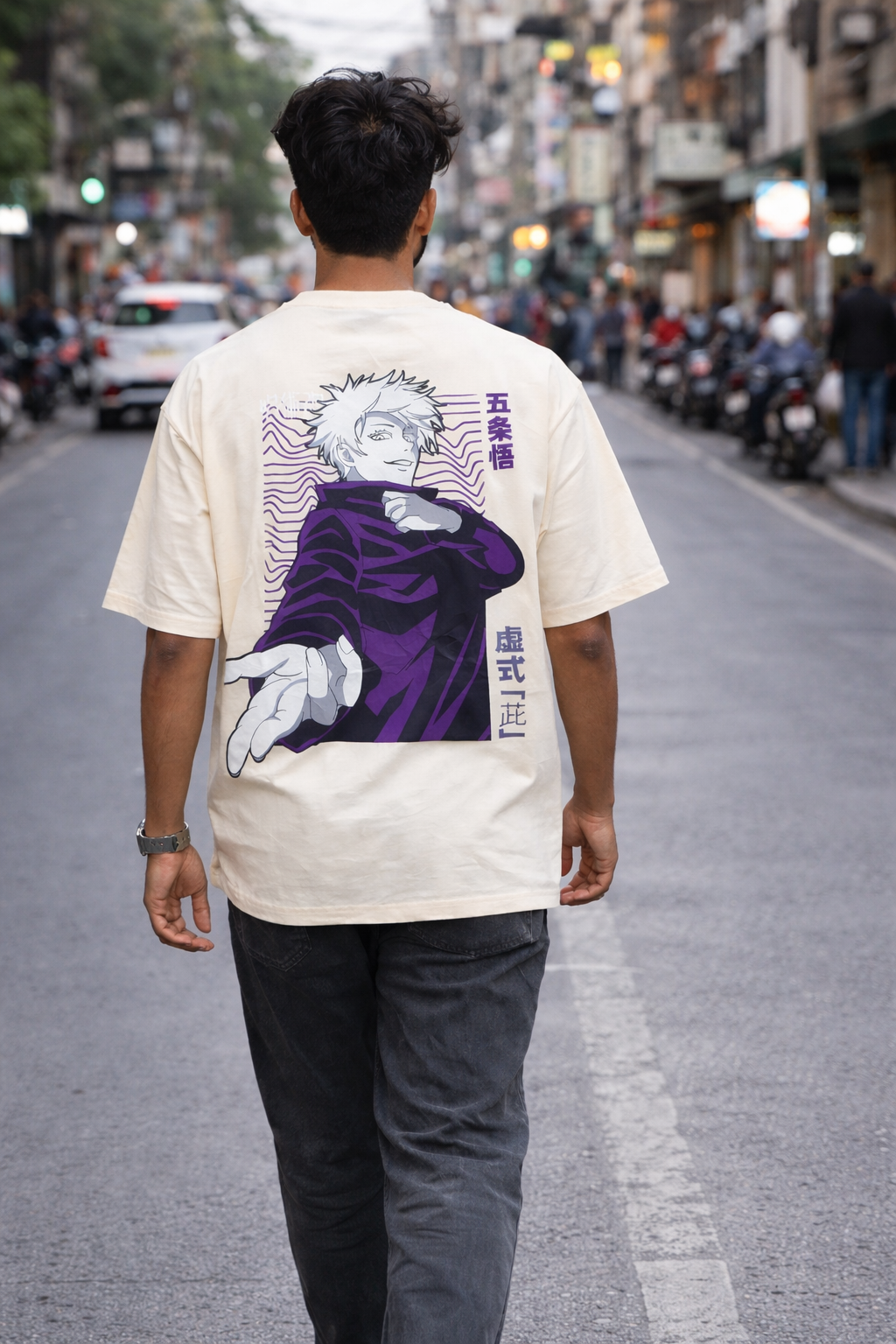 TRIVI's Gojo Cream color Oversized Tee – 100% cotton Anime Tee | 3V9007